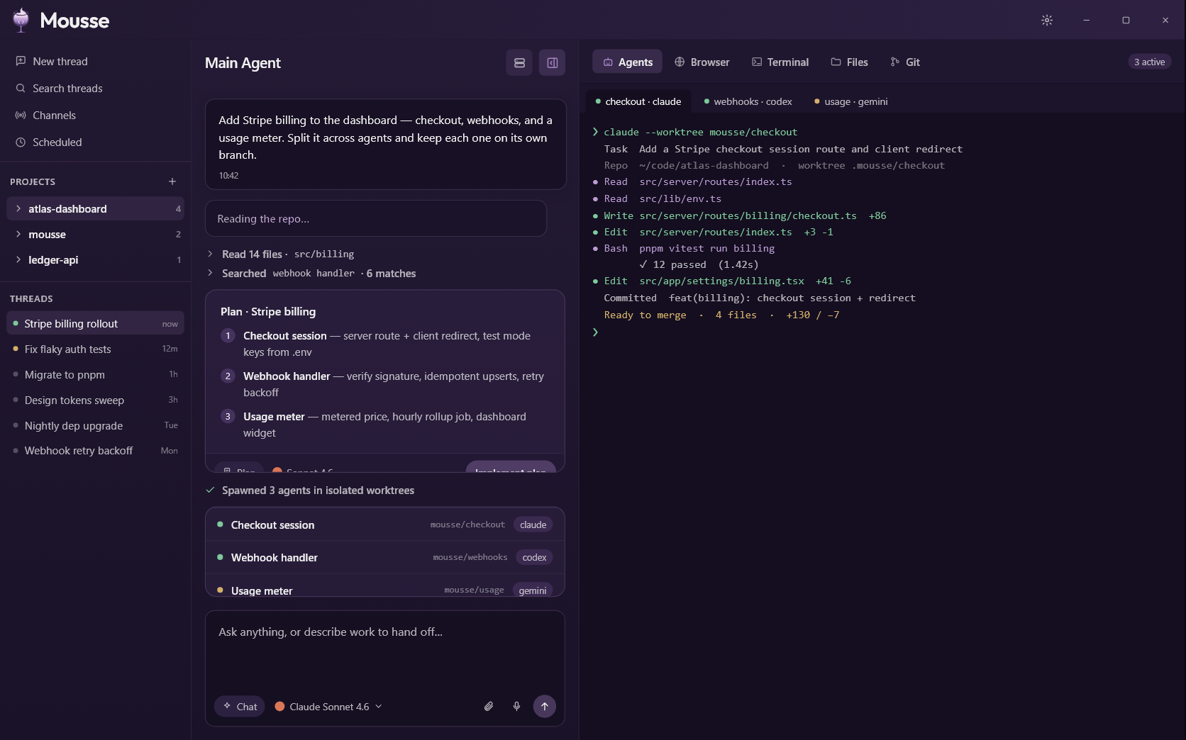Mousse desktop app showing parallel coding agents